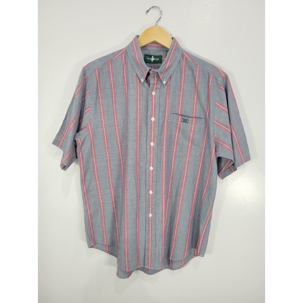 Hunt‎ Club Mens Large Blue Red Striped Short Sleeve Cotton Button Down Shirt